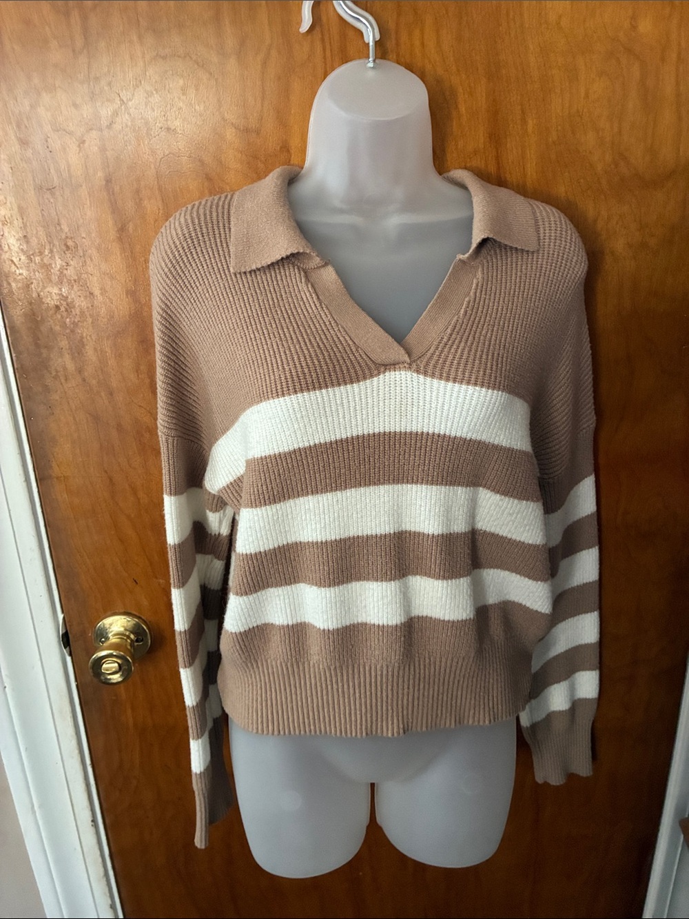 Jessica Simpson Taupe and Cream Striped V-Neck Polo Sweater